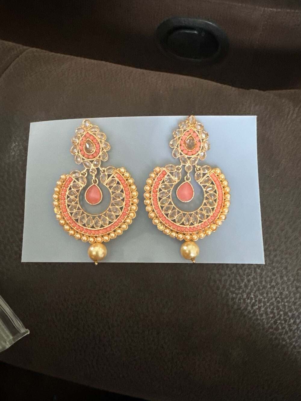 Indian Pakistani Kundan Chandbali Gold-Plated Coral Pink Pearl Drop Earrings